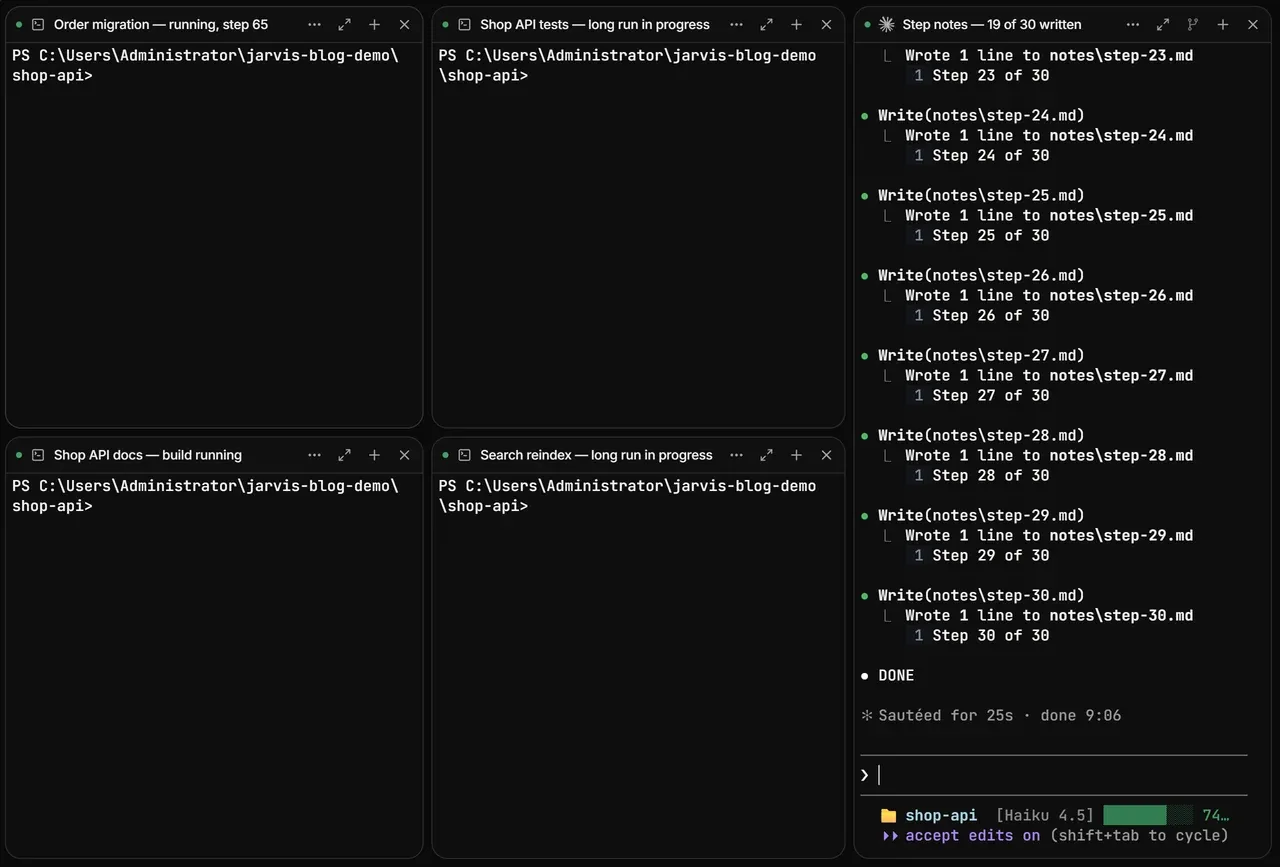 The demo workspace after the terminal host was killed: the four plain terminals show empty PowerShell prompts, while the Claude Code pane shows it wrote files step-20 to step-30 and finished with DONE.
