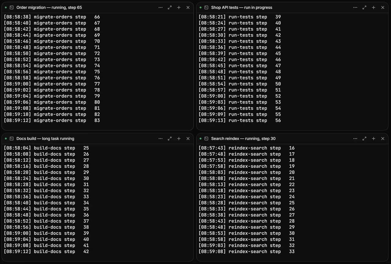 The same four terminals after the app was reopened: migrate-orders at step 83, run-tests at step 56, build-docs at step 42, reindex-search at step 33, with no gaps in the numbering.