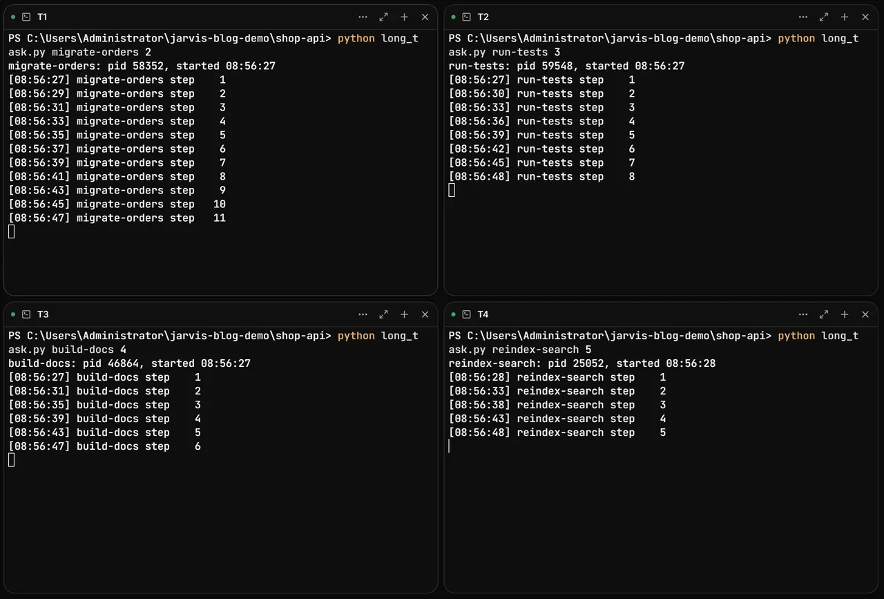 A Personal Jarvis workspace with four terminals, each running a script that prints numbered steps: migrate-orders is at step 11, run-tests at step 8, build-docs at step 6, reindex-search at step 5, at 08:56:47.