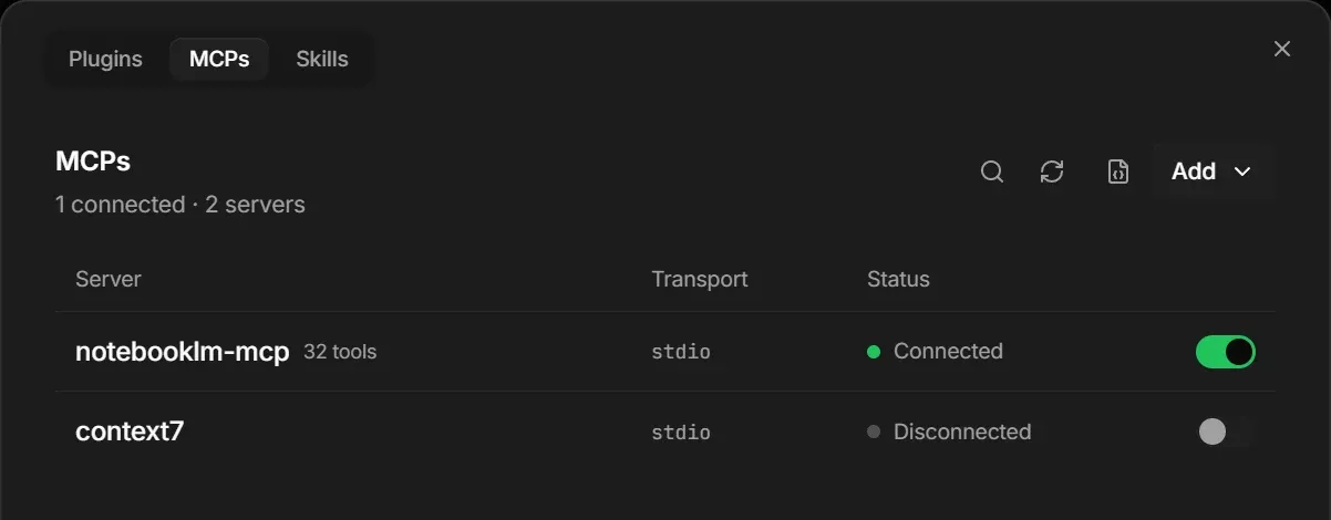 The MCPs tab: one connected server out of two. notebooklm-mcp, 32 tools, stdio, connected and switched on. context7, stdio, disconnected and switched off.