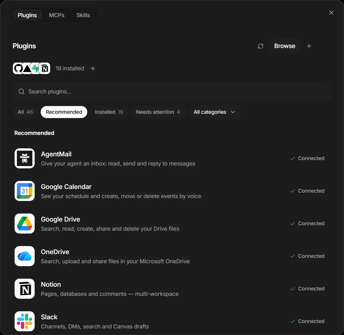 The Plugins tab of Personal Jarvis: 19 installed out of 46, a search field, filters for Recommended, Installed and Needs attention, and a list of connected plugins such as Google Calendar, Google Drive, OneDrive, Notion and Slack.