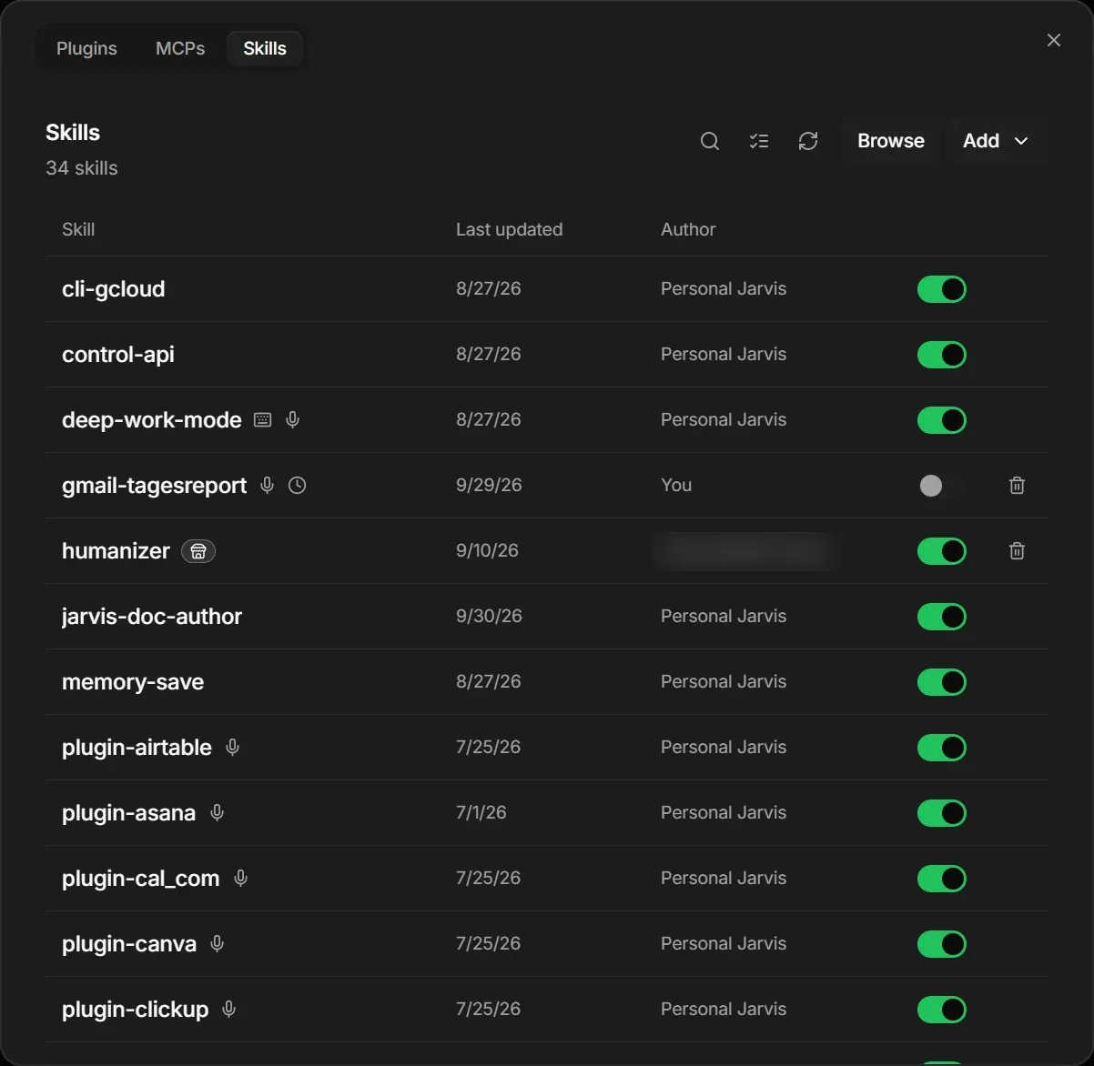 The Skills tab: 34 skills, each with its last update date, its author and an on/off switch. The first rows are cli-gcloud, control-api, deep-work-mode, gmail-tagesreport, humanizer and several plugin skills.